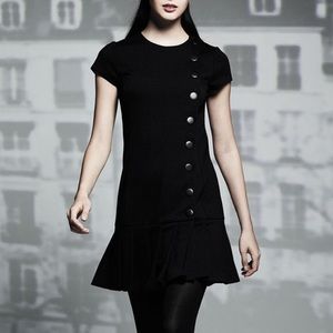 Short Sleeve Black Dress w/ Pleats + Buttons